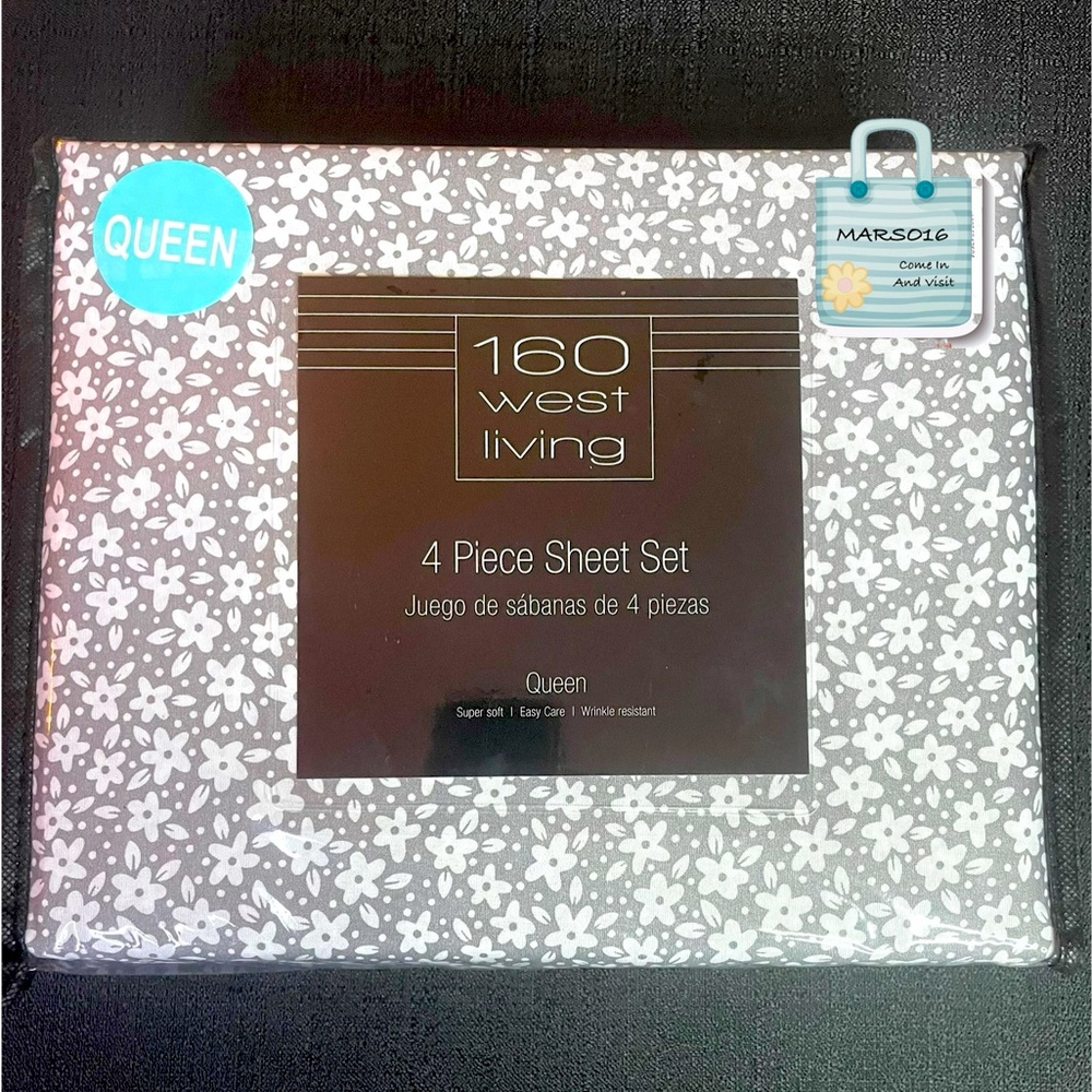 Queen 4-Pc Sheet Set Gray w/ White Floral Flowers - 160 West Living - NEW NIP